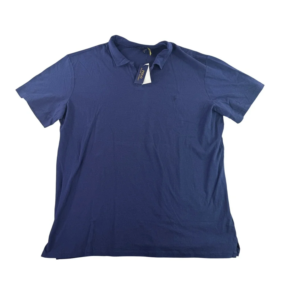 Polo Ralph Lauren Polo Shirt Mens 3LT Navy Blue Cotton Linen V-Neck 711823302001